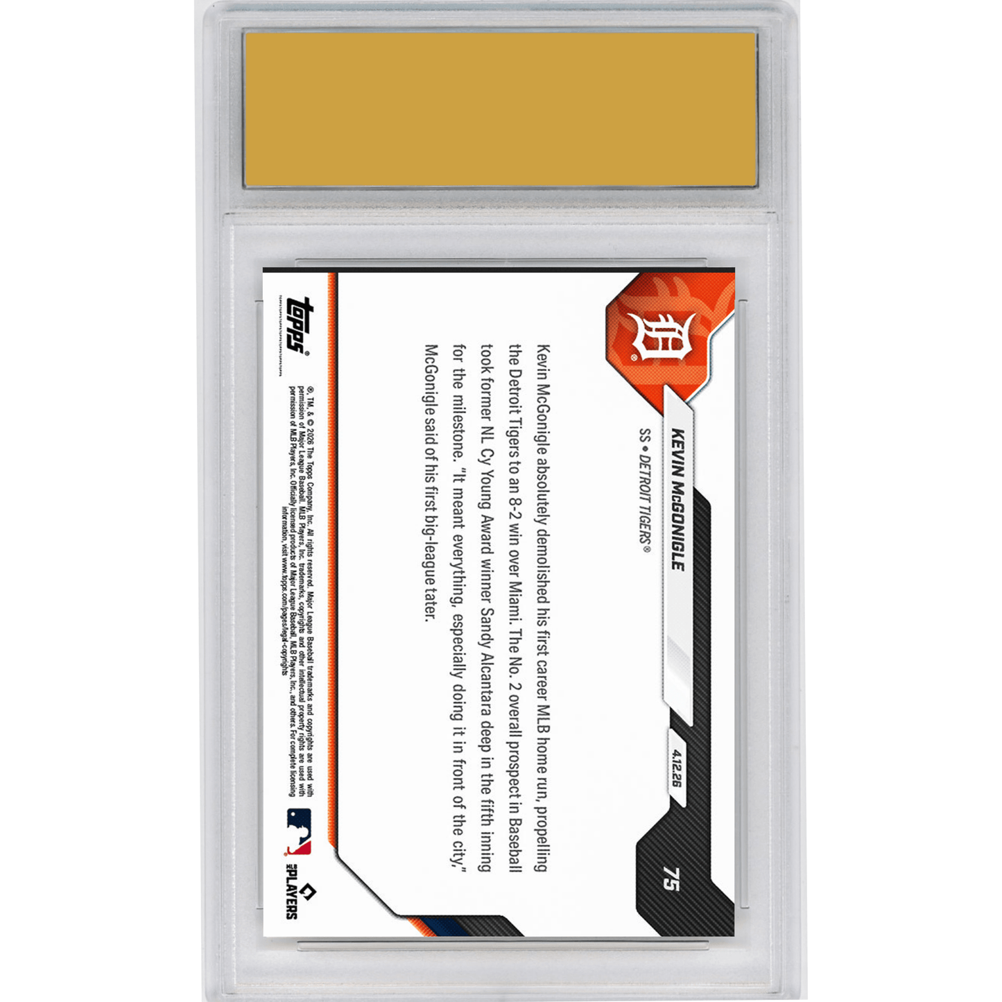 Graded 2026 Topps Now Kevin McGonigle #75 Blasts 1st Career MLB HR in Series Sweep Detriot Tigers Rookie RC Baseball Card HOFSM 10 Gem Mint