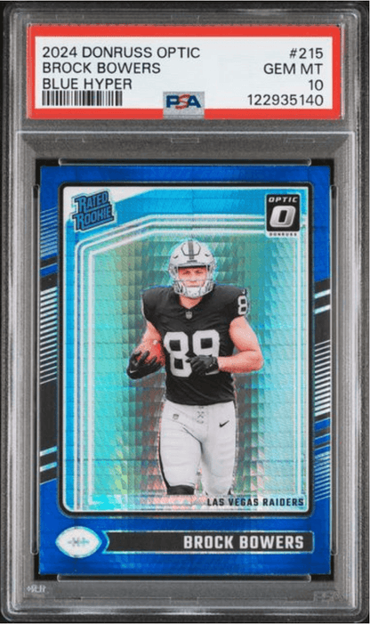 Graded 2024 Panini Donruss Optic Brock Bowers #215 Blue Hyper Rookie RC Football Card PSA 10 Gem Mint