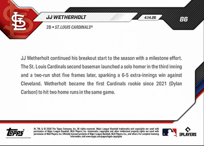 2026 Topps Now JJ Wetherholt #86 1st MLB Multi HR Game Propels Extra Innings Win St Louis Cardinals Rookie RC Baseball Card
