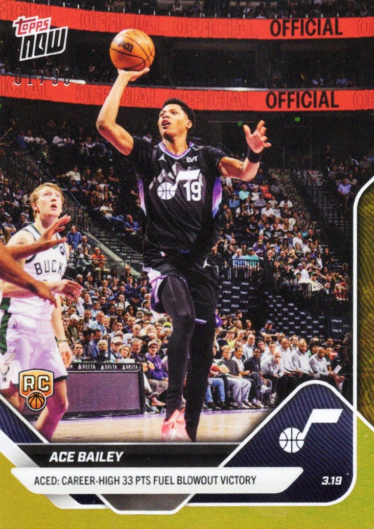  2025 Topps Now Ace Bailey #217 Gold Foil /50 Aced: Career High 33 Points Fuel Blowout Win Utah Jazz Rookie RC Basketball Card