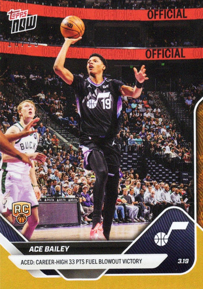  2025 Topps Now Ace Bailey #217 Orange Foil /25 Aced: Career High 33 Points Fuel Blowout Win Utah Jazz Rookie RC Basketball Card