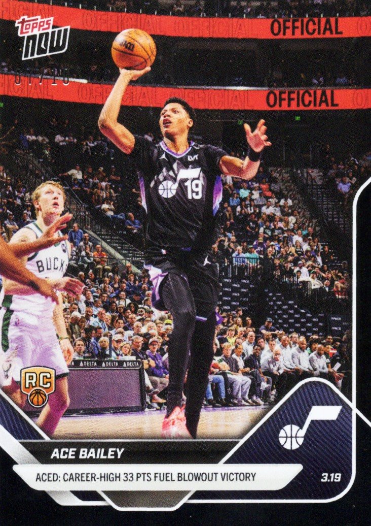  2025 Topps Now Ace Bailey #217 Black Foil /10 Aced: Career High 33 Points Fuel Blowout Win Utah Jazz Rookie RC Basketball Card