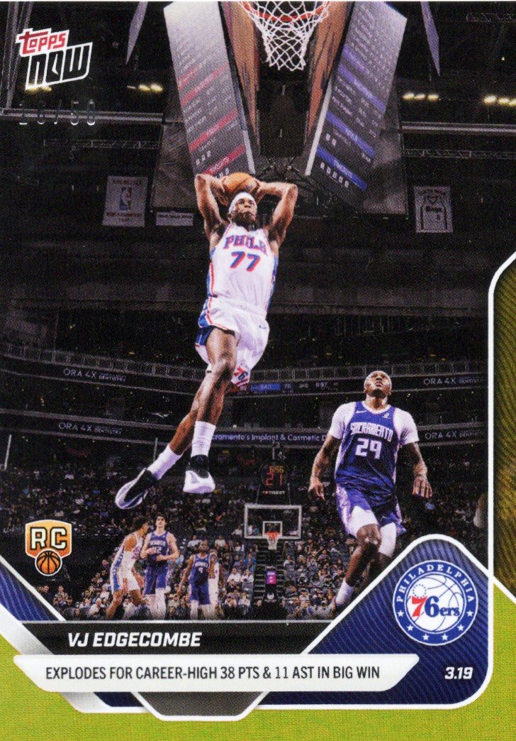  2025 Topps Now VJ Edgecombe #218 Gold Foil /50 Explodes For Career High 38 Points & 11 Assists in Big Win Philadelphia 76ers Rookie RC Basketball Card