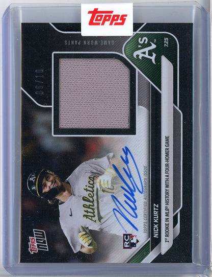 2025 Topps Now Nick Kurtz #464B Black Auto Pants Relic /10 1st Rookie in MLB History with A 4 Homer Game Athletics Rookie RC Baseball Card