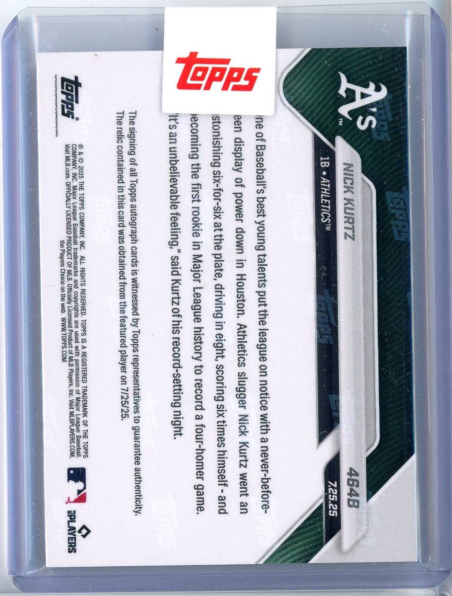 2025 Topps Now Nick Kurtz #464B Black Auto Pants Relic /10 1st Rookie in MLB History with A 4 Homer Game Athletics Rookie RC Baseball Card