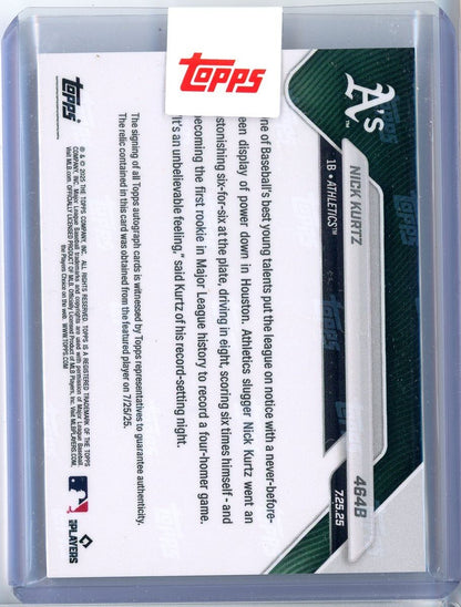 2025 Topps Now Nick Kurtz #464B Black Auto Pants Relic /10 1st Rookie in MLB History with A 4 Homer Game Athletics Rookie RC Baseball Card