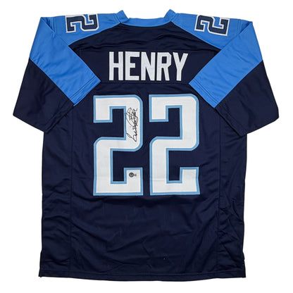 Autographed/Signed Derrick Henry Rookie Navy Blue Football Jersey Beckett BAS COA