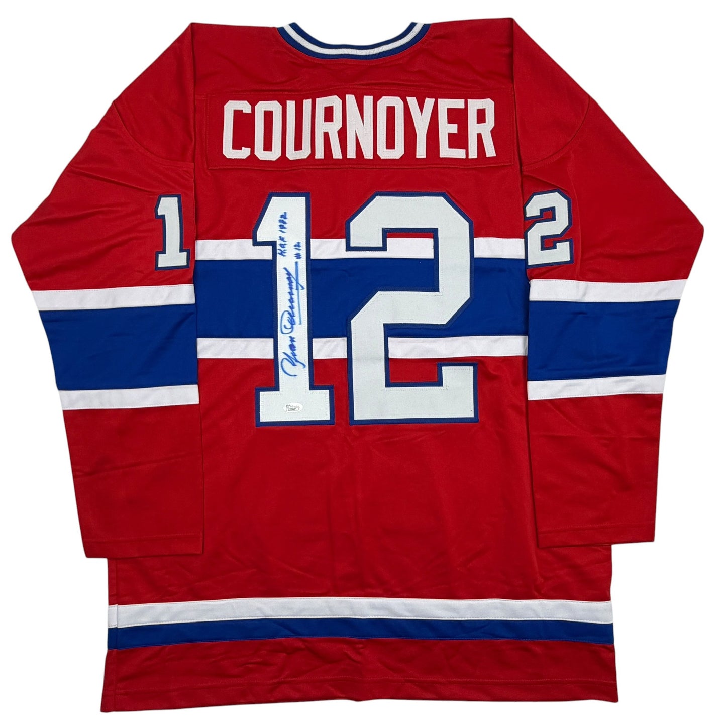 Autographed/Signed Yvan Cournoyer HOF 1982 Montreal Red Hockey Jersey JSA COA