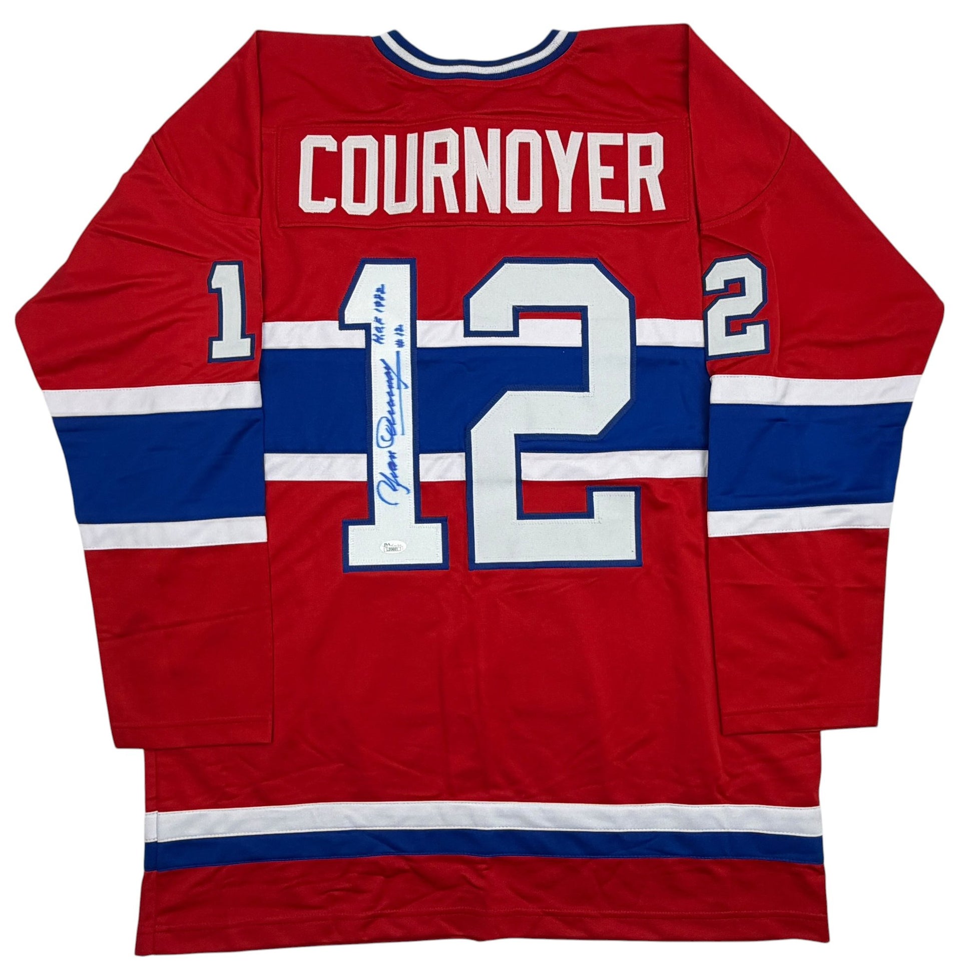 Autographed/Signed Yvan Cournoyer HOF 1982 Montreal Red Hockey Jersey JSA COA