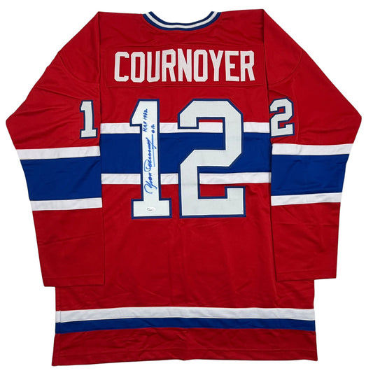 Autographed/Signed Yvan Cournoyer HOF 1982 Montreal Red Hockey Jersey JSA COA
