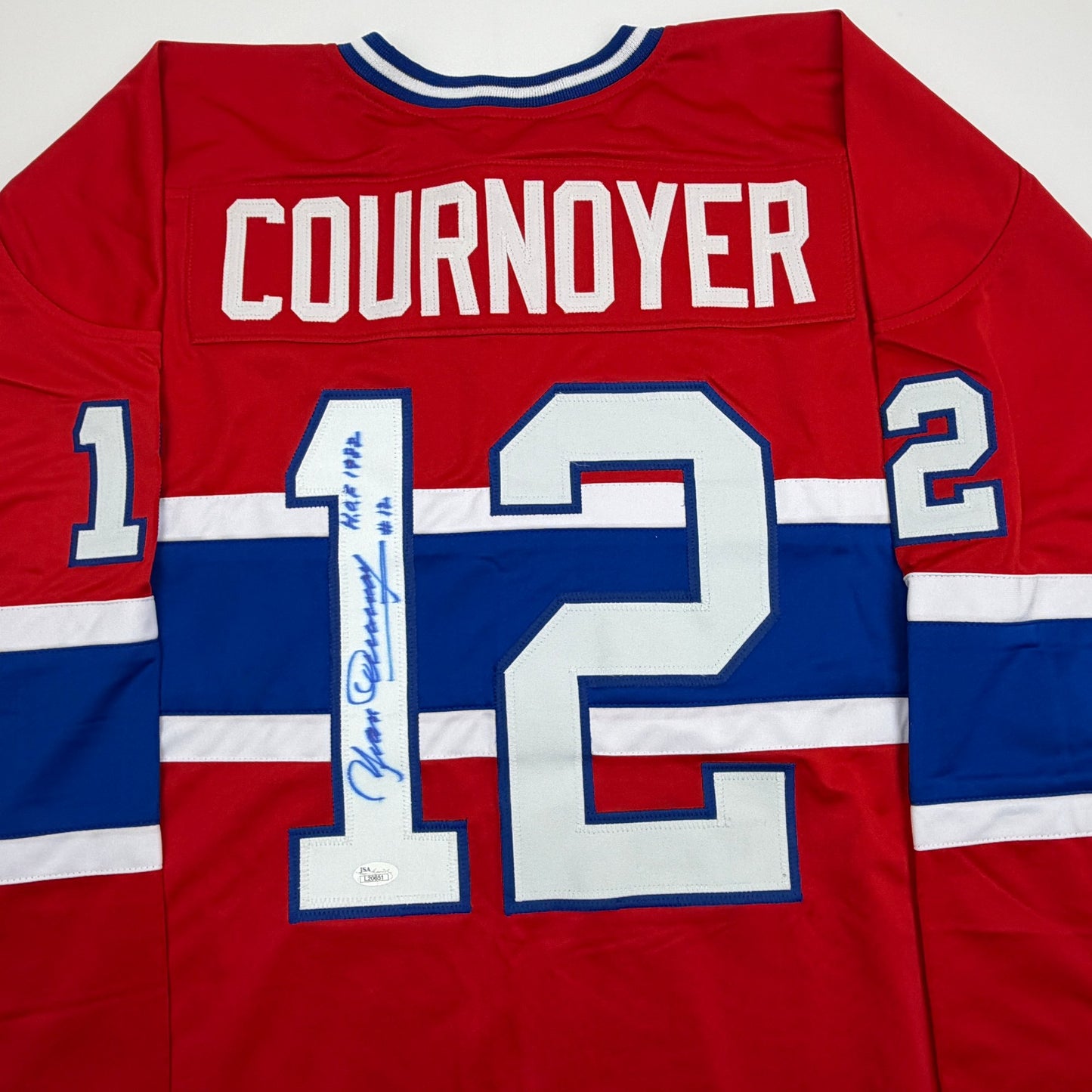 Autographed/Signed Yvan Cournoyer HOF 1982 Montreal Red Hockey Jersey JSA COA