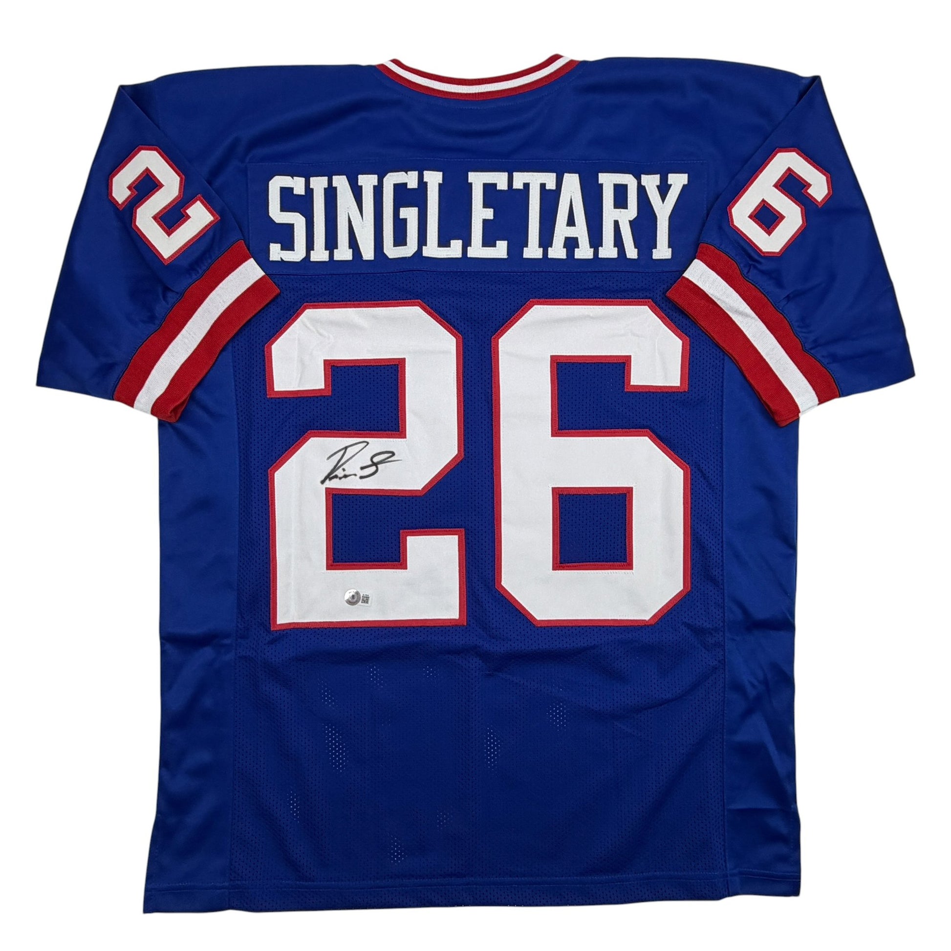 Autographed/Signed Devin Singletary New York Blue Retro Football Jersey Beckett BAS COA