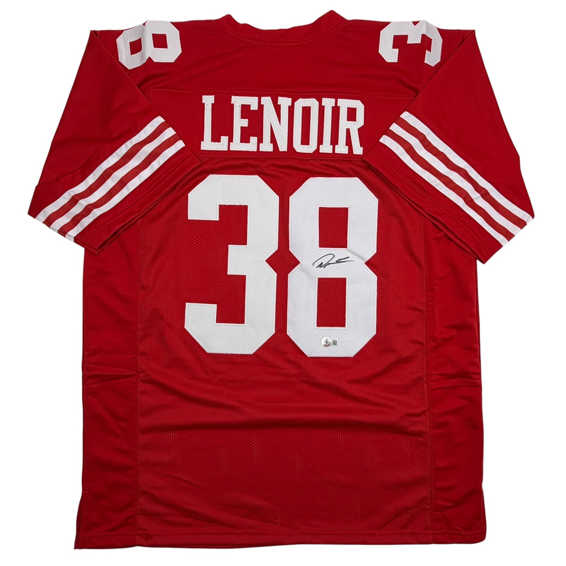 Autographed/Signed Deommodore Lenoir San Francisco Red Football Jersey Beckett BAS COA