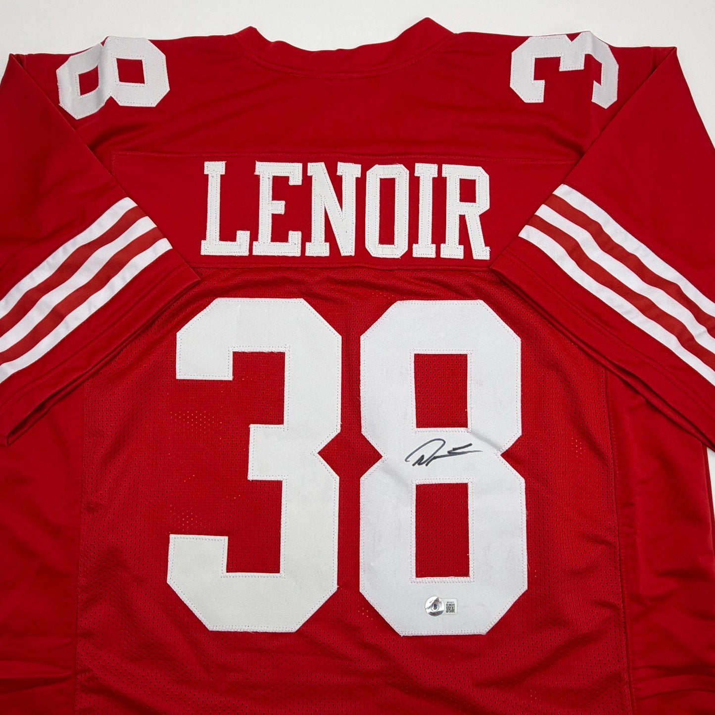 Autographed/Signed Deommodore Lenoir San Francisco Red Football Jersey Beckett BAS COA