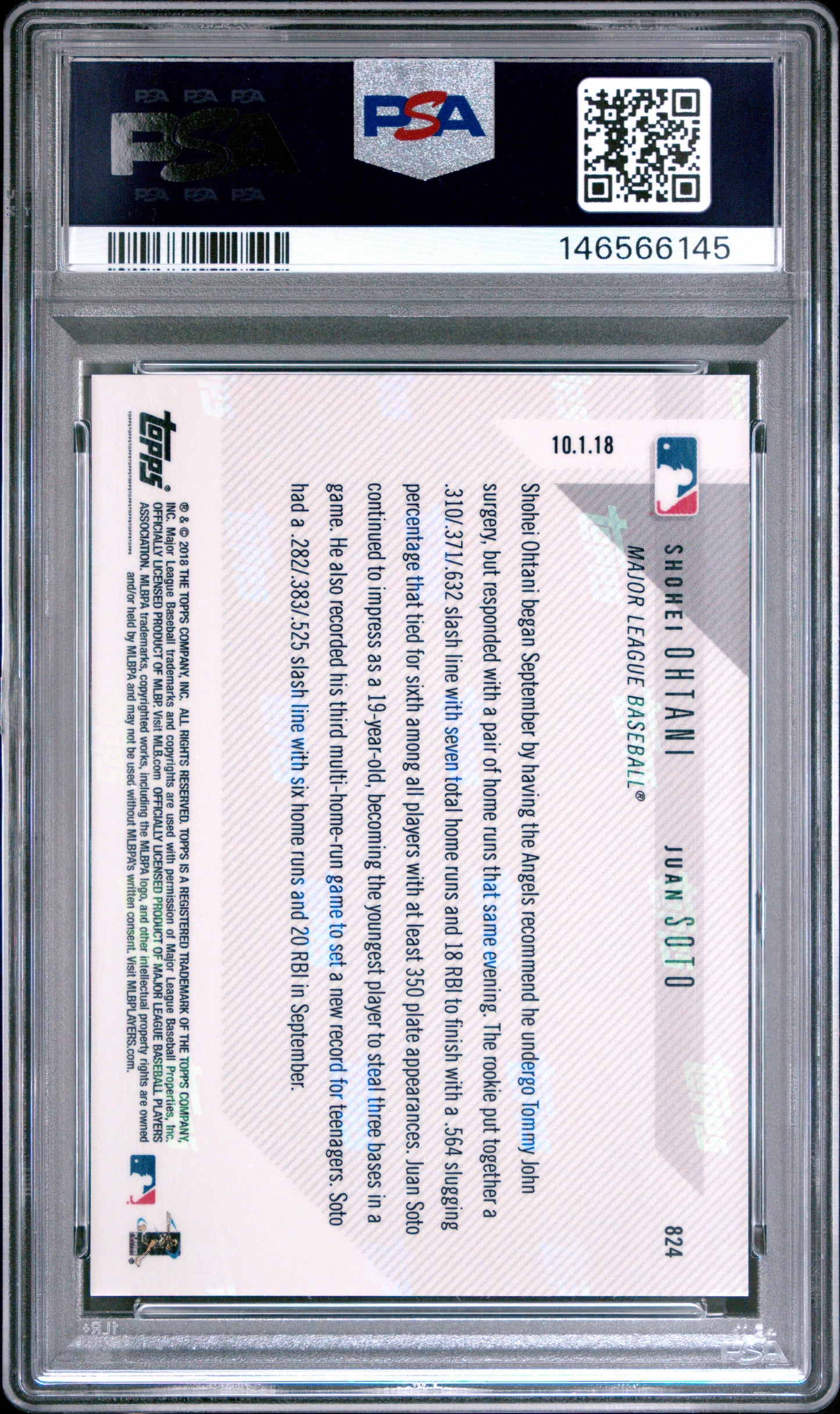 Graded 2018 Topps Now Shohei Ohtani & Juan Soto #824 AL & NL Rookies of the Month Rookie RC Baseball Card PSA 10 Gem Mint