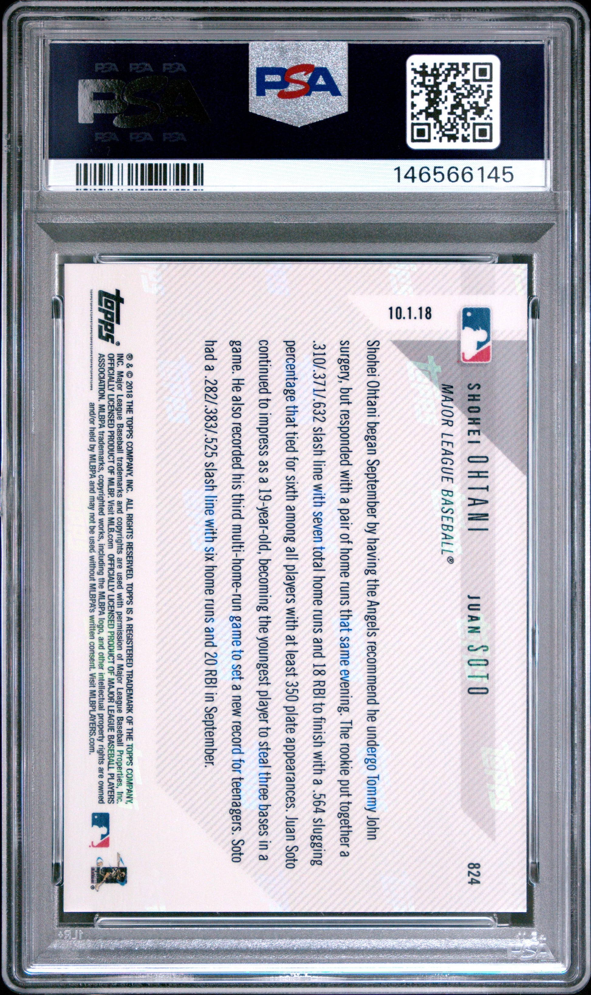 Graded 2018 Topps Now Shohei Ohtani & Juan Soto #824 AL & NL Rookies of the Month Rookie RC Baseball Card PSA 10 Gem Mint