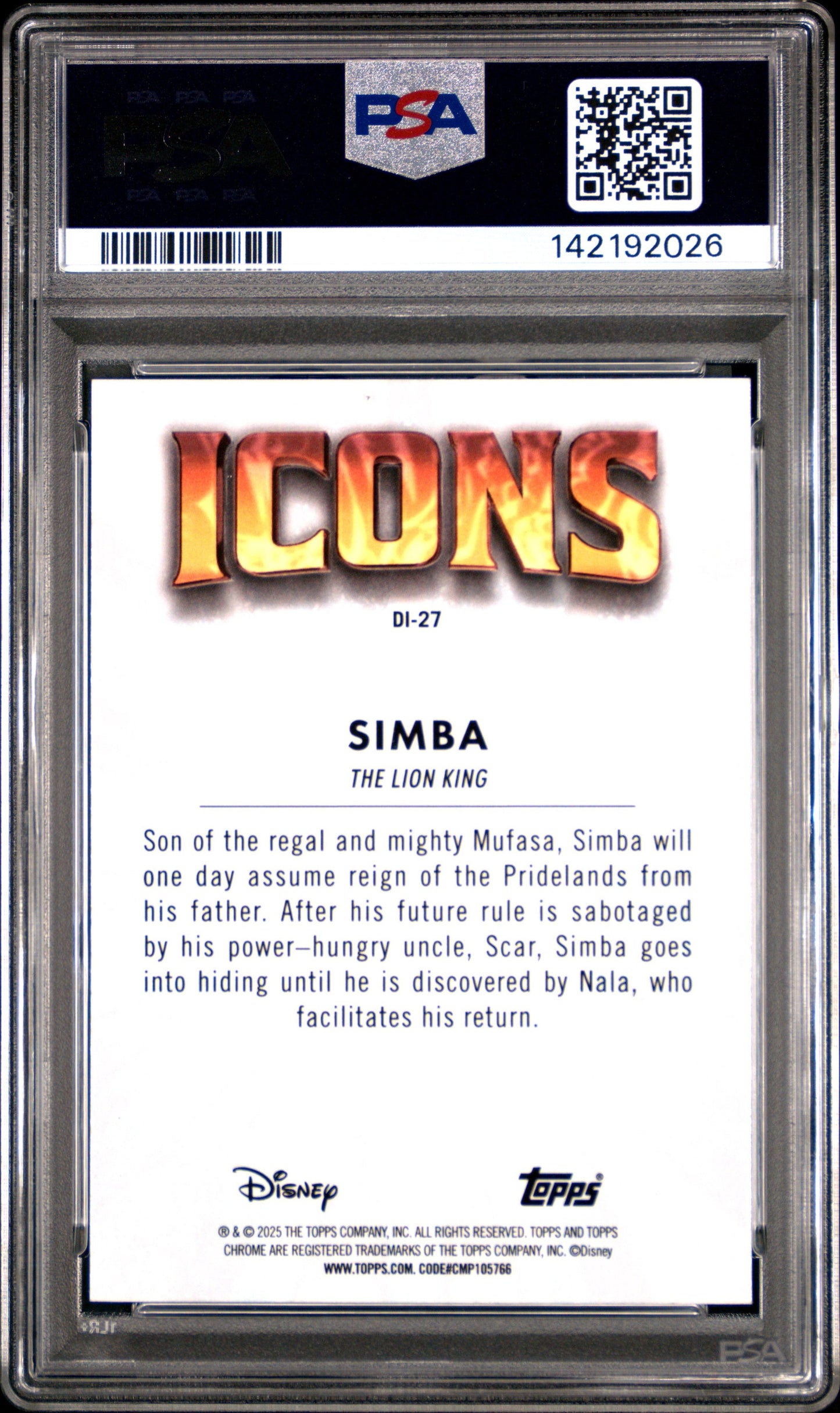 Graded 2025 Topps Chrome Disney Simba #27 Icons The Lion King Trading Card PSA 10 Gem Mint