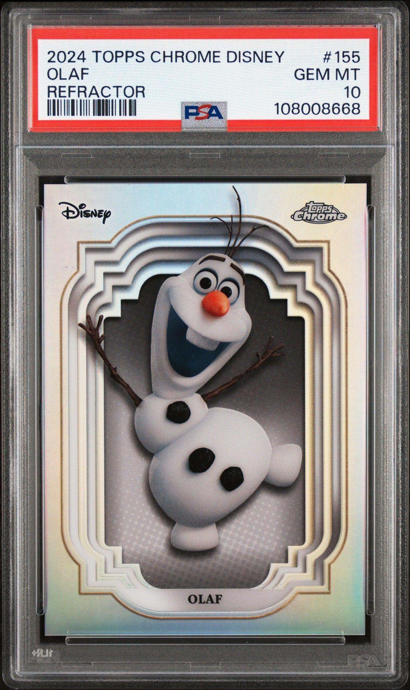 Graded 2024 Topps Chrome Disney Olaf #155 Refractor Frozen Trading Card PSA 10 Gem Mint