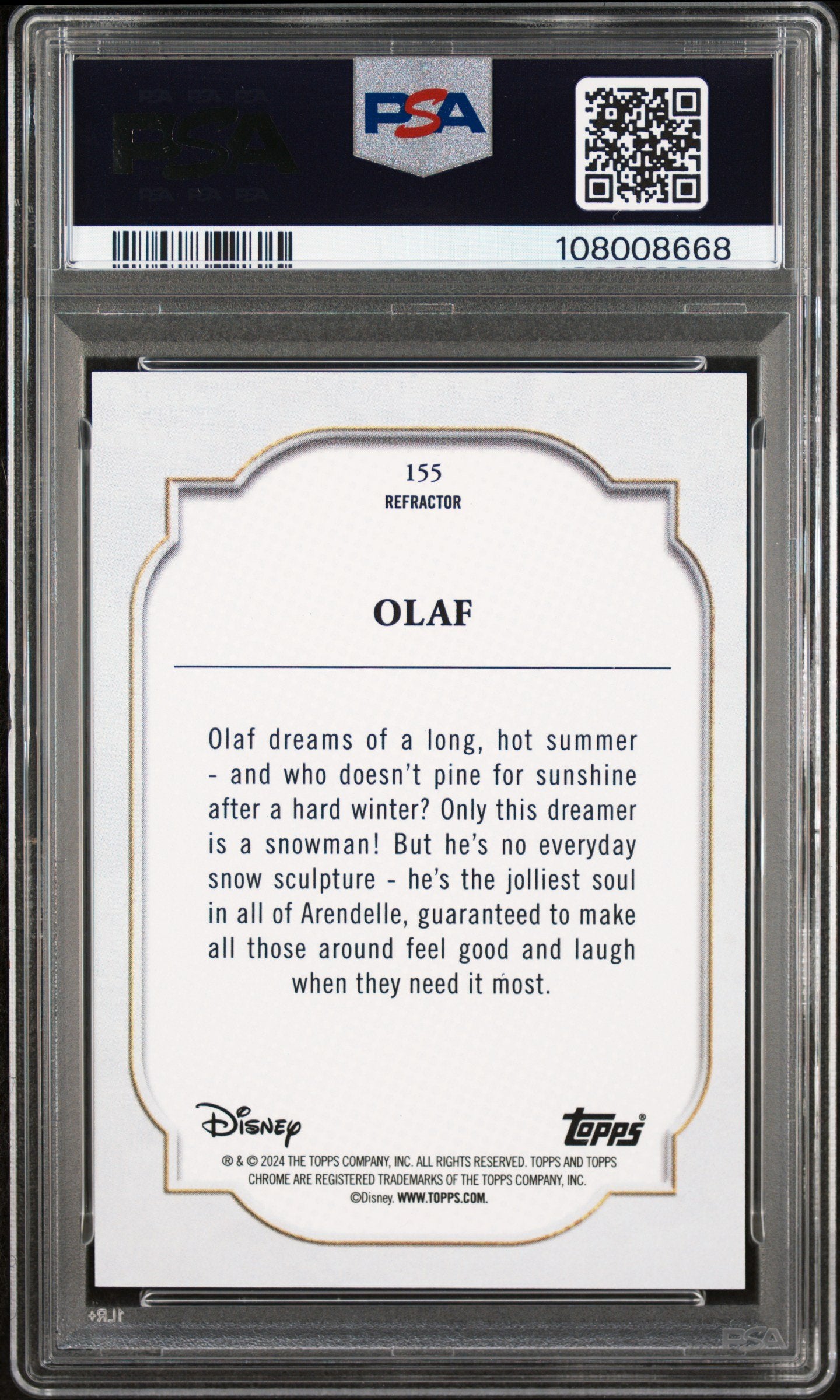 Graded 2024 Topps Chrome Disney Olaf #155 Refractor Frozen Trading Card PSA 10 Gem Mint
