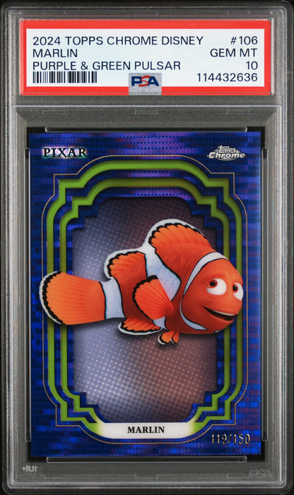 Graded 2024 Topps Chrome Disney Marlin #106 Purple & Green Pulsar #/150 Finding Nemo Trading Card PSA 10 Gem Mint