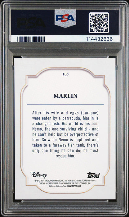 Graded 2024 Topps Chrome Disney Marlin #106 Purple & Green Pulsar #/150 Finding Nemo Trading Card PSA 10 Gem Mint