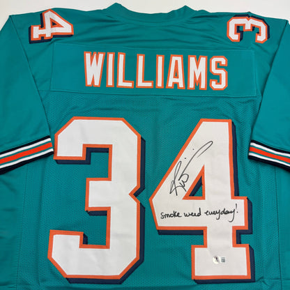 Autographed/Signed Ricky Williams Smoke Weed Everyday Miami Teal Football Jersey Beckett BAS COA