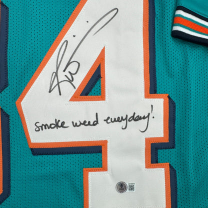Autographed/Signed Ricky Williams Smoke Weed Everyday Miami Teal Football Jersey Beckett BAS COA