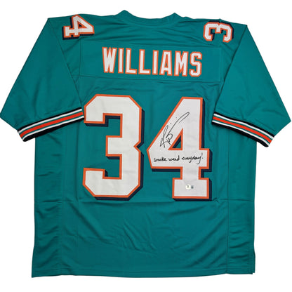 Autographed/Signed Ricky Williams Smoke Weed Everyday Miami Teal Football Jersey Beckett BAS COA