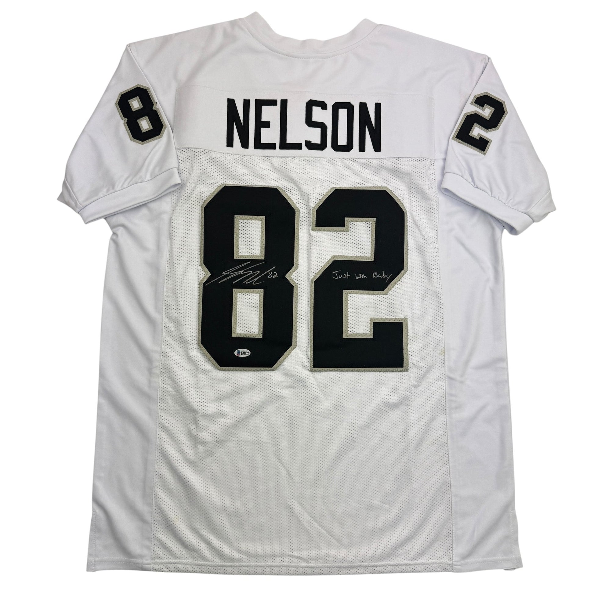 Autographed/Signed Jordy Nelson Oakland Las Vegas White Football Jersey Beckett BAS COA