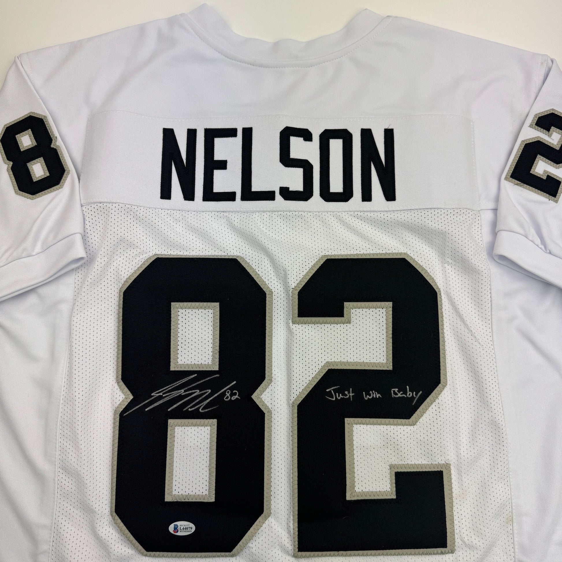 Autographed/Signed Jordy Nelson Oakland Las Vegas White Football Jersey Beckett BAS COA