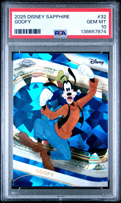 Graded 2025 Topps Chrome Disney Sapphire Goofy #30 Trading Card PSA 10 Gem Mint