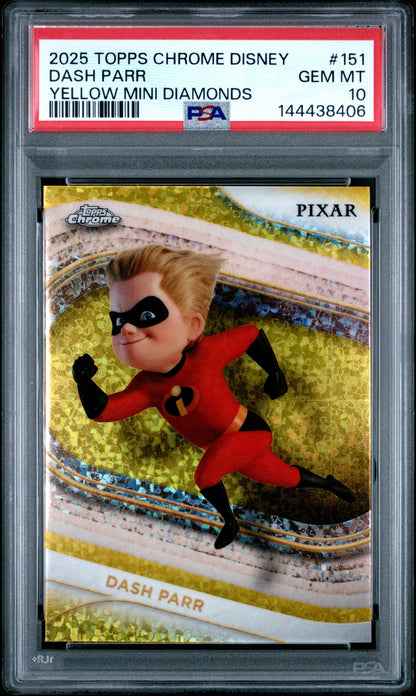 Graded 2025 Topps Chrome Disney Dash Parr #151 Yellow Mini Diamonds The Incredibles Trading Card PSA 10 Gem Mint