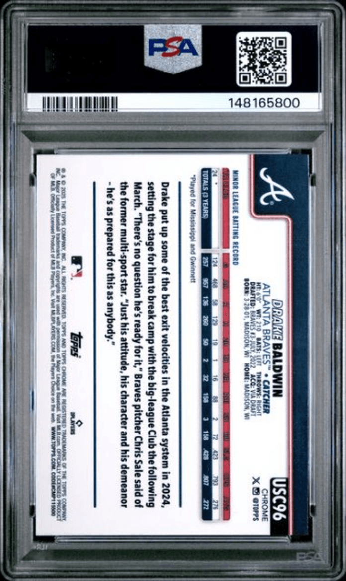Graded 2025 Topps Chrome Update Drake Baldwin #96 Rookie RC Baseball Card PSA 10 Gem Mint