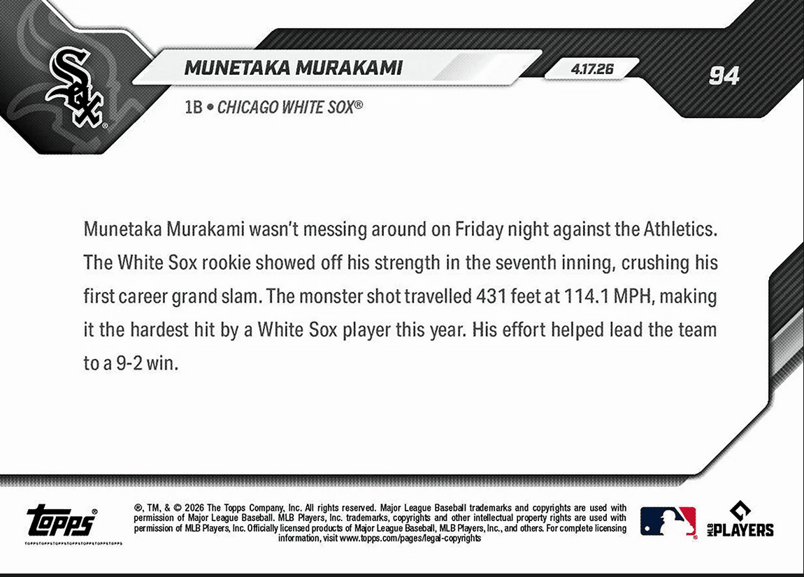2026 Topps Now Munetaka Murakami #94 Smashes 1st Career Grand Slam 114.1 MPH Chicago White Sox Rookie RC Baseball Card
