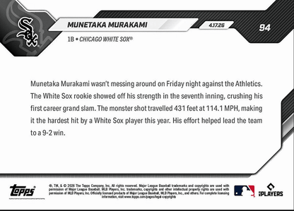 2026 Topps Now Munetaka Murakami #94 Smashes 1st Career Grand Slam 114.1 MPH Chicago White Sox Rookie RC Baseball Card