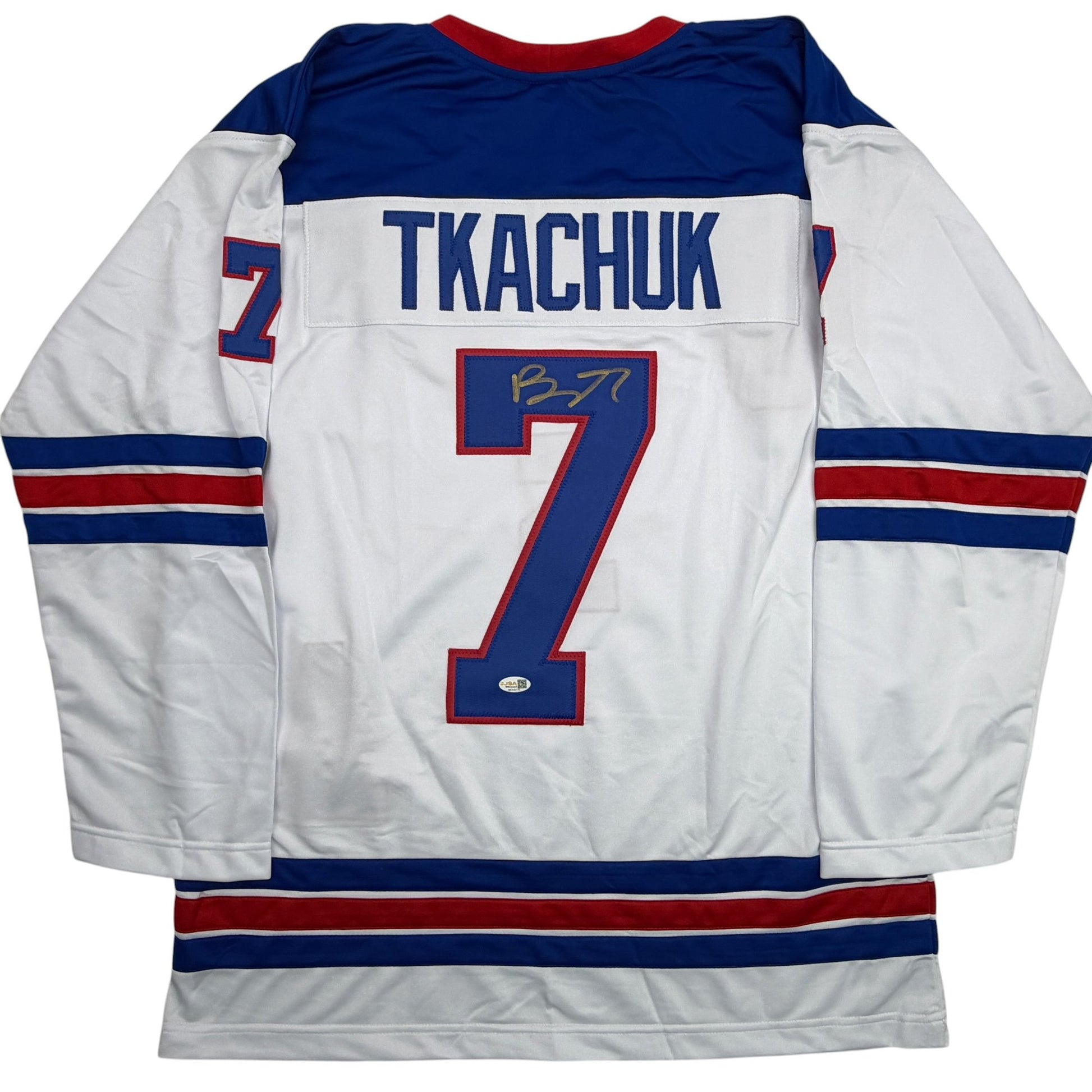 Autographed/Signed Brady Tkachuk USA United States 2026 Olympics Gold Medal White Hockey Jersey JSA COA