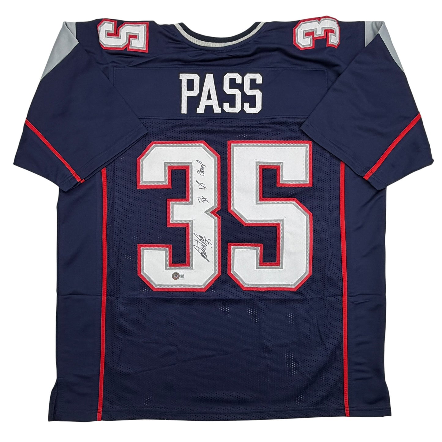 Autographed/Signed Patrick Pass 3x SB Champ New England Blue Football Jersey Beckett BAS COA