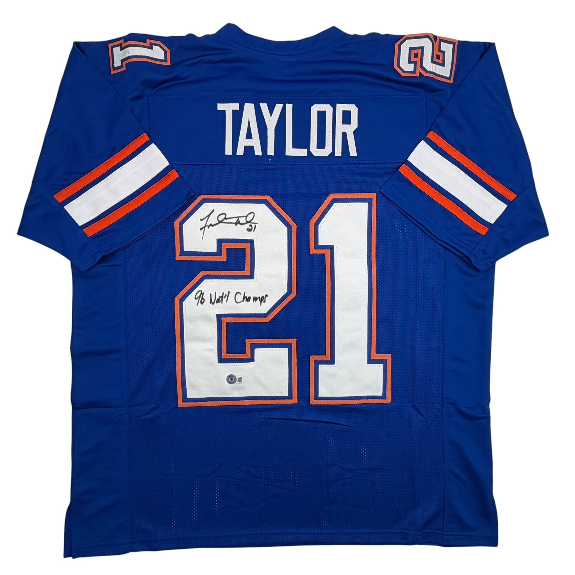 Autographed/Signed Fred Taylor 96 National Champs Florida Blue College Football Jersey Beckett BAS COA