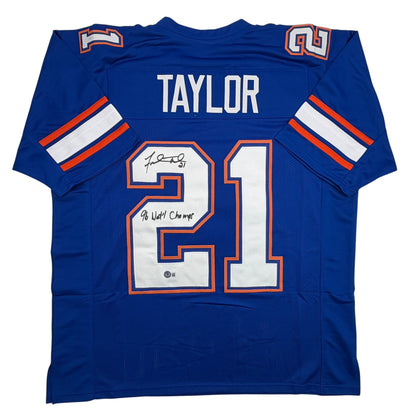 Autographed/Signed Fred Taylor 96 National Champs Florida Blue College Football Jersey Beckett BAS COA