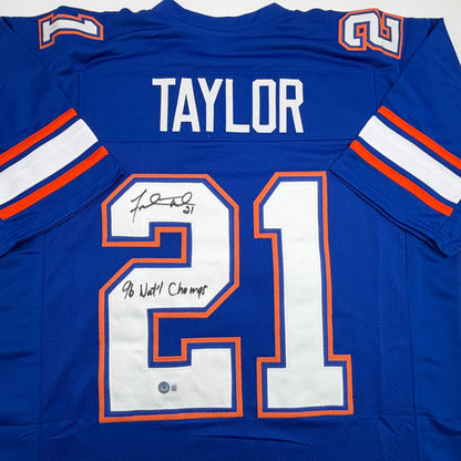 Autographed/Signed Fred Taylor 96 National Champs Florida Blue College Football Jersey Beckett BAS COA