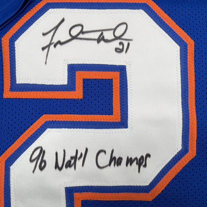 Autographed/Signed Fred Taylor 96 National Champs Florida Blue College Football Jersey Beckett BAS COA