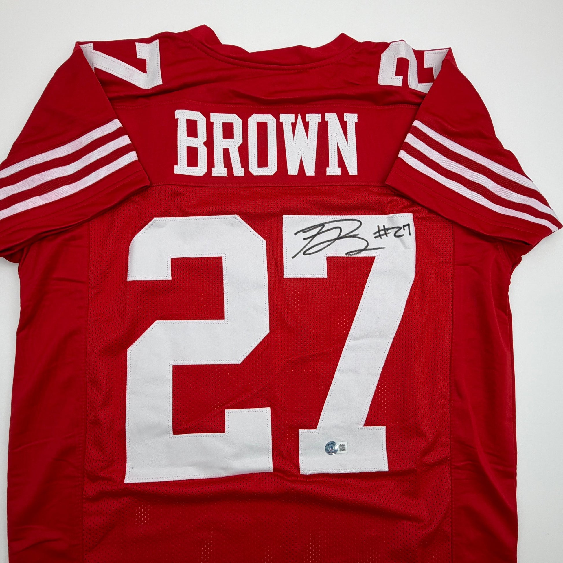 Autographed/Signed Ji'Ayir Brown San Francisco Red Football Jersey Beckett BAS COA