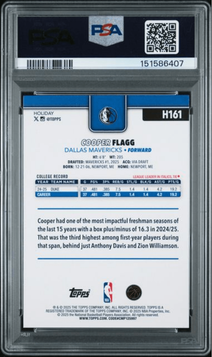 Graded 2025 Topps Holiday Cooper Flagg #H161 Rookie RC Basketball Card PSA 10 Gem Mint