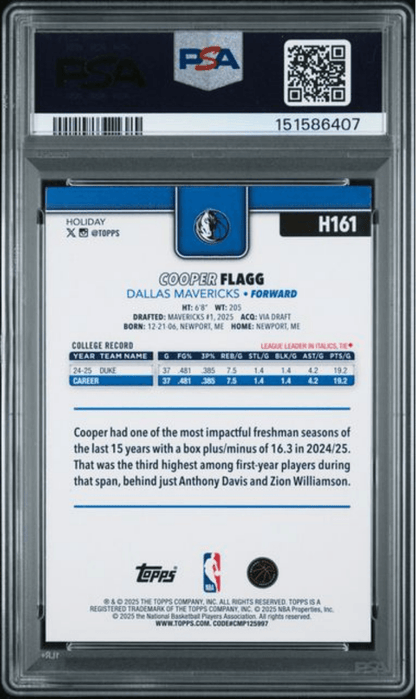 Graded 2025 Topps Holiday Cooper Flagg #H161 Rookie RC Basketball Card PSA 10 Gem Mint
