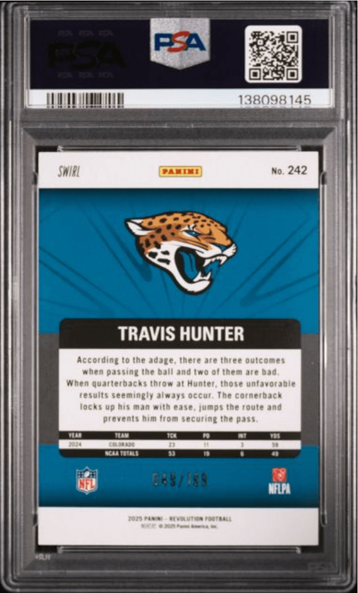 Graded 2025 Panini Revolution Travis Hunter #242 Green Swirl /199 Rookie RC Football Card PSA 10 Gem Mint