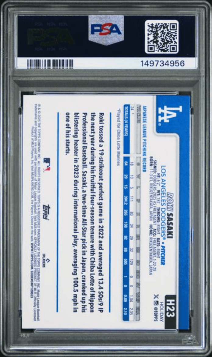 Graded 2025 Topps Holiday Roki Sasaki #H23 SP Rookie RC Baseball Card PSA 9 Mint