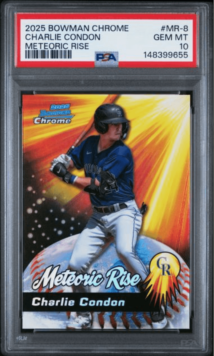 Graded 2025 Topps Bowman Chrome Charlie Condon #MR8 Meteoric Rise Rookie RC Baseball Card PSA 10 Gem Mint