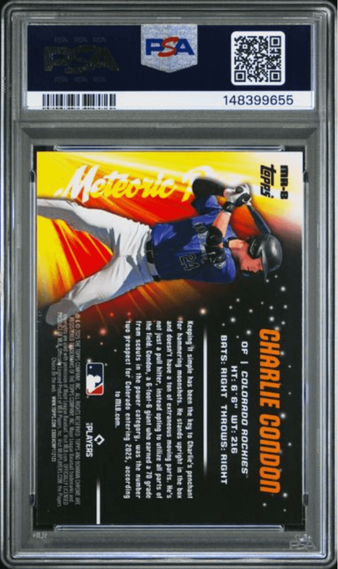 Graded 2025 Topps Bowman Chrome Charlie Condon #MR8 Meteoric Rise Rookie RC Baseball Card PSA 10 Gem Mint