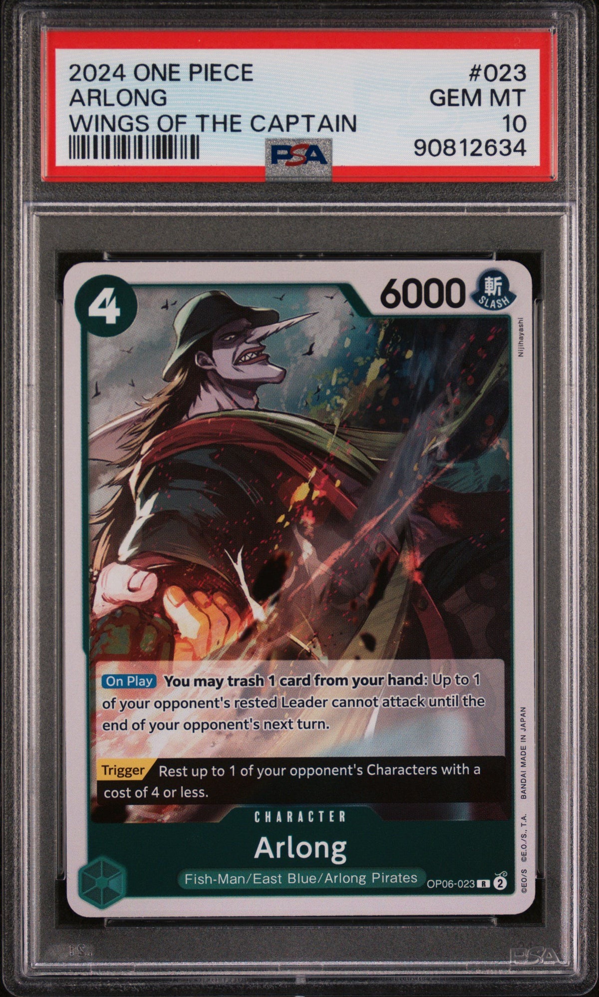 Graded 2024 One Piece Japanese Arlong #023 OP06 Wings of the Captain Trading Card Game PSA 10 Gem Mint