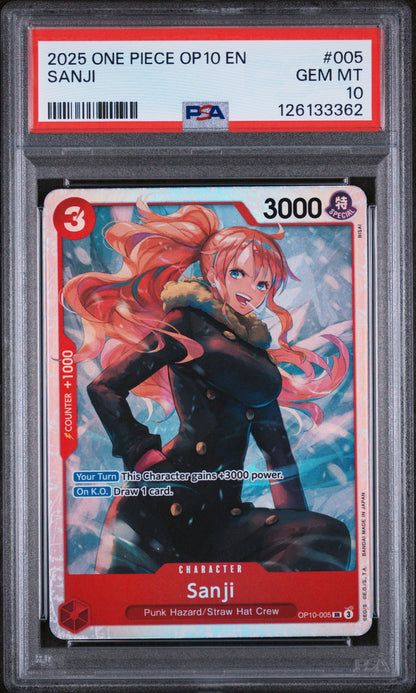 Graded 2025 One Piece Sanji #005 OP10 Royal Blood Trading Card Game PSA 10 Gem Mint